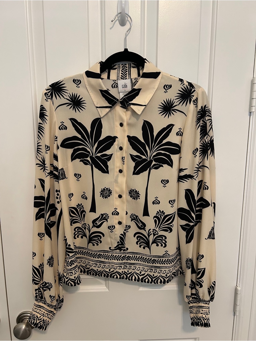 CAbi Cream and Black Botanical Print Button-Front Blouse